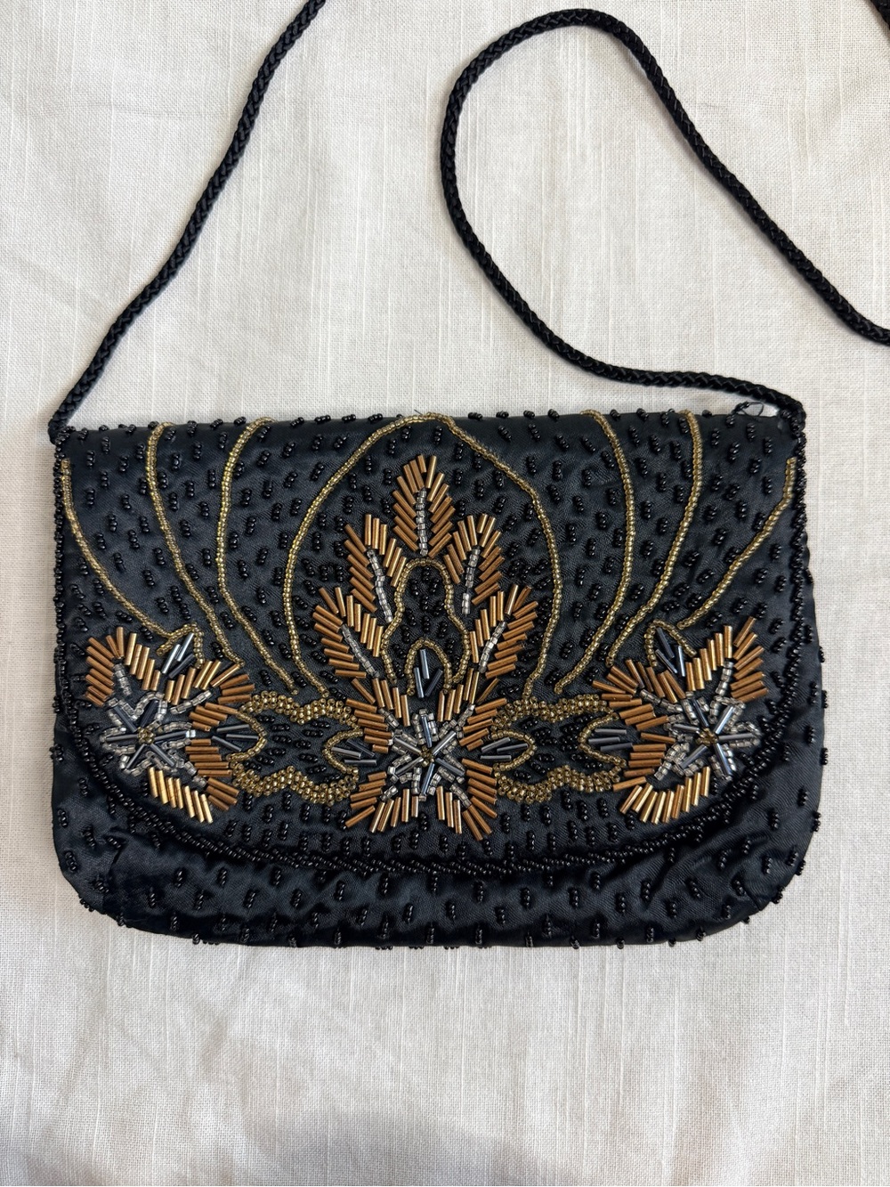 Vintage Bechamel Black & Bronze Beaded Evening Bag Clutch Crossbody GUC